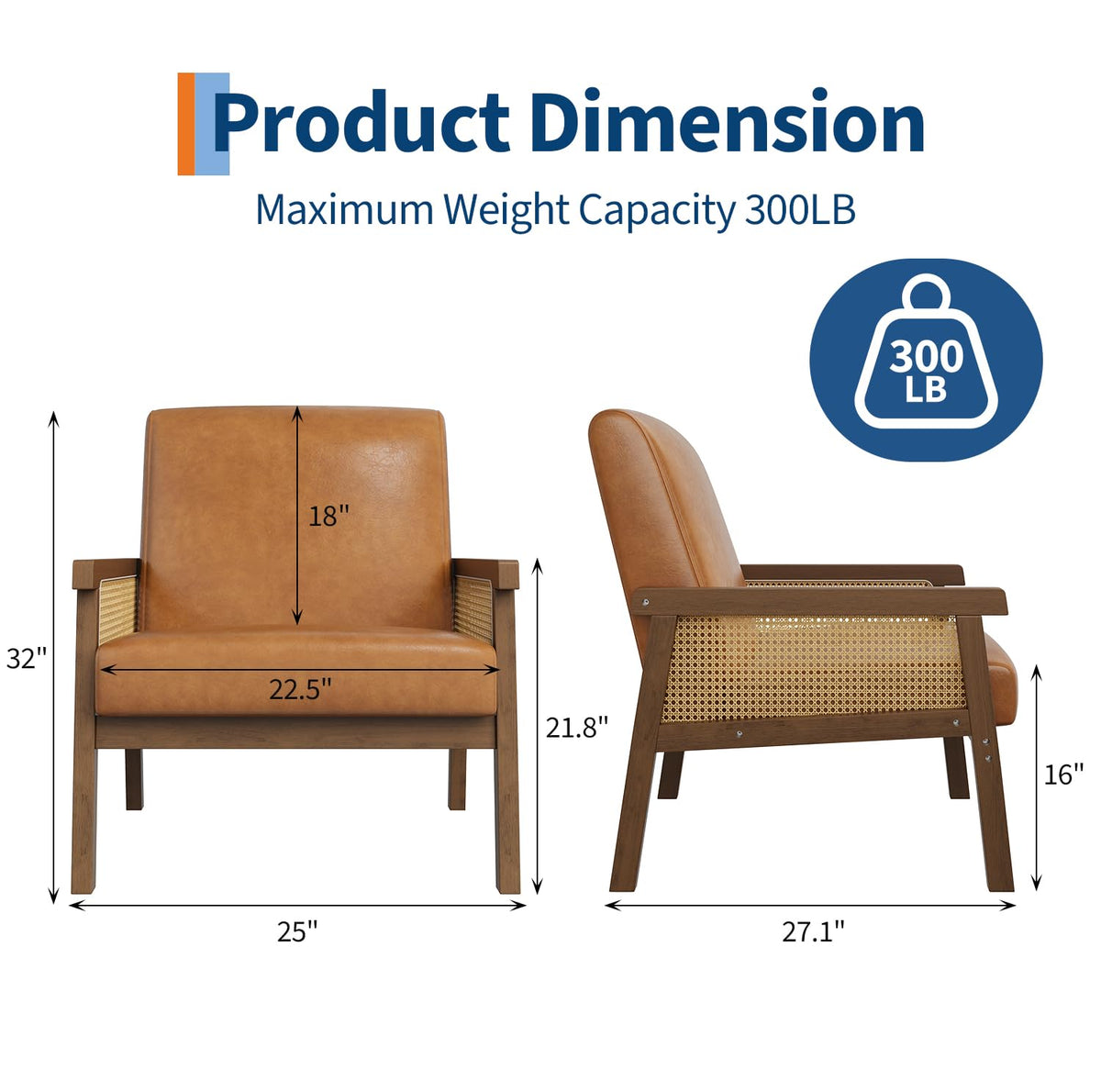 IDEALHOUSE Rattan Accent Chair with Wooden Frame and High Back, Brown
