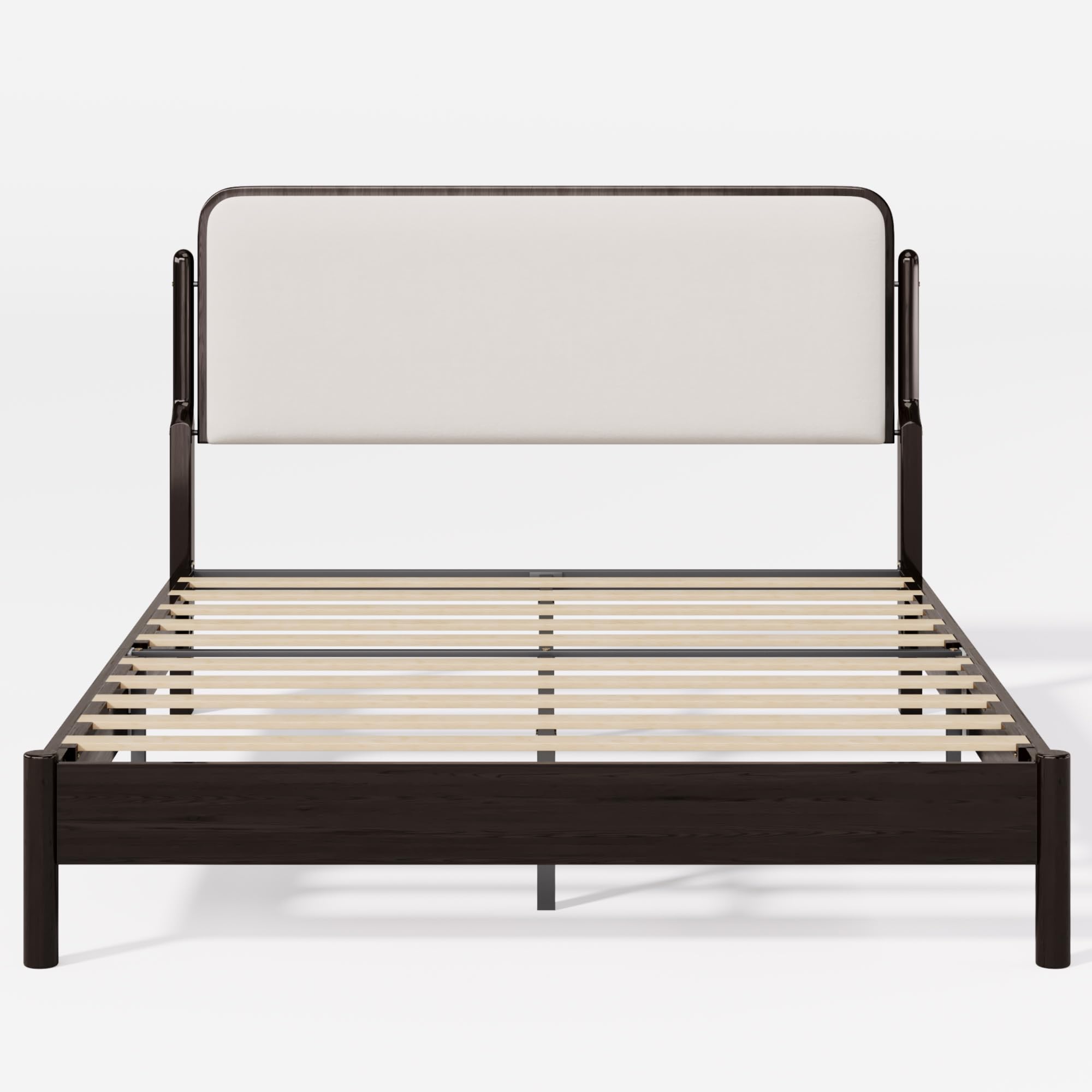 Lifezone Queen Bed Frame with Upholstered Headboard, Solid Wood Bed Frame Queen Size with Ergonomic Design Headboard, Wood Slats Support, Noise-Free, Easy Assembly,No Box Spring Needed, Walnut