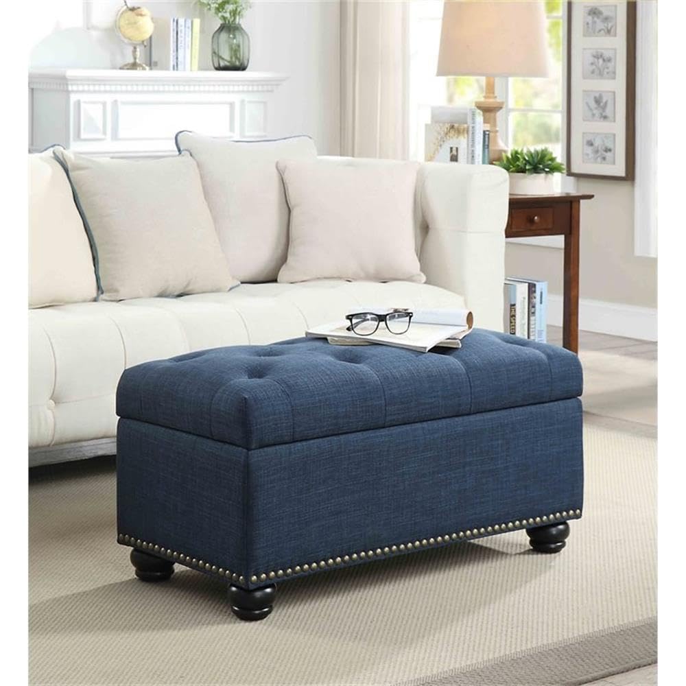 Convenience Concepts Designs4Comfort 7th Avenue Ottoman Bench 35.5" - Modern Upholstered Footstool & Seat with Hinged Lid & Storage, for Living Room, Bedroom, & Entryway, Dark Blue Fabric