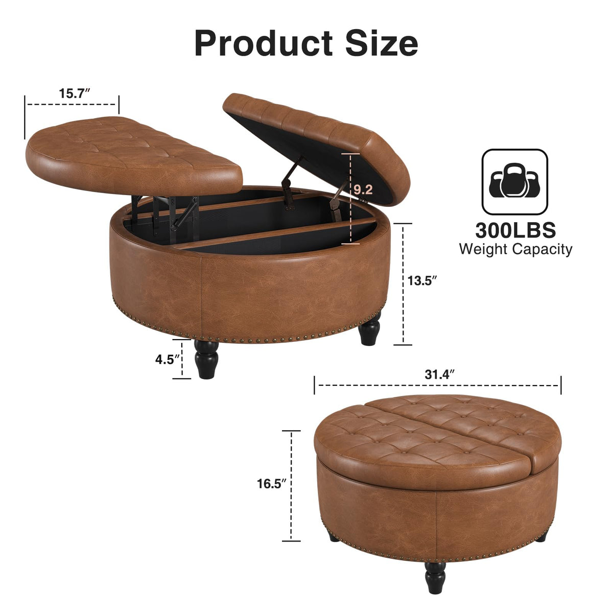 FiveWillowise 31.5 Inch Large Round Ottoman with Storage Circular,Brown