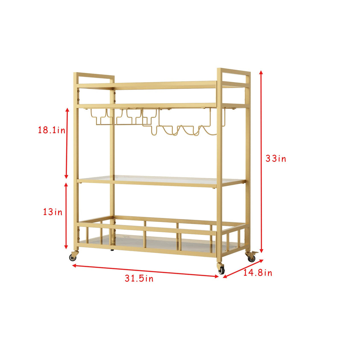 LORMITER Bar Cart Gold with Bottle Storage and Wine Glass, Rolling Serving Bar Cart on Wheels Indoor & Outdoor, Patio, Gold Kitchen Serving Cart for Party(3-Tier)