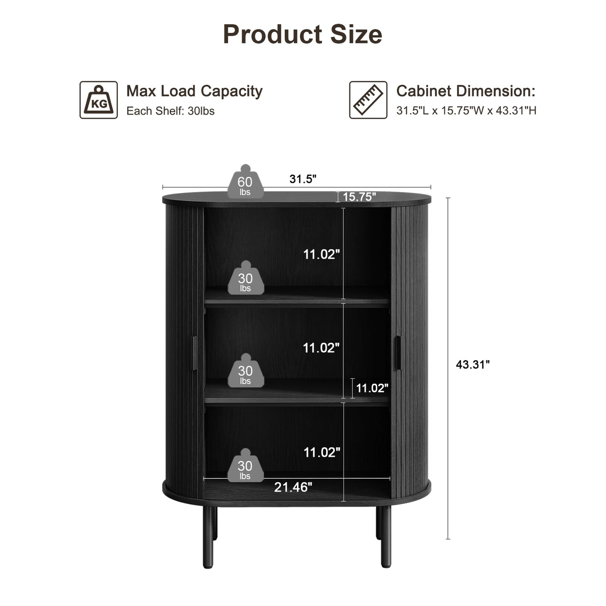 ONBRILL 44" Tall Sideboard Storage Buffet Cabinet with Sliding Door, Black