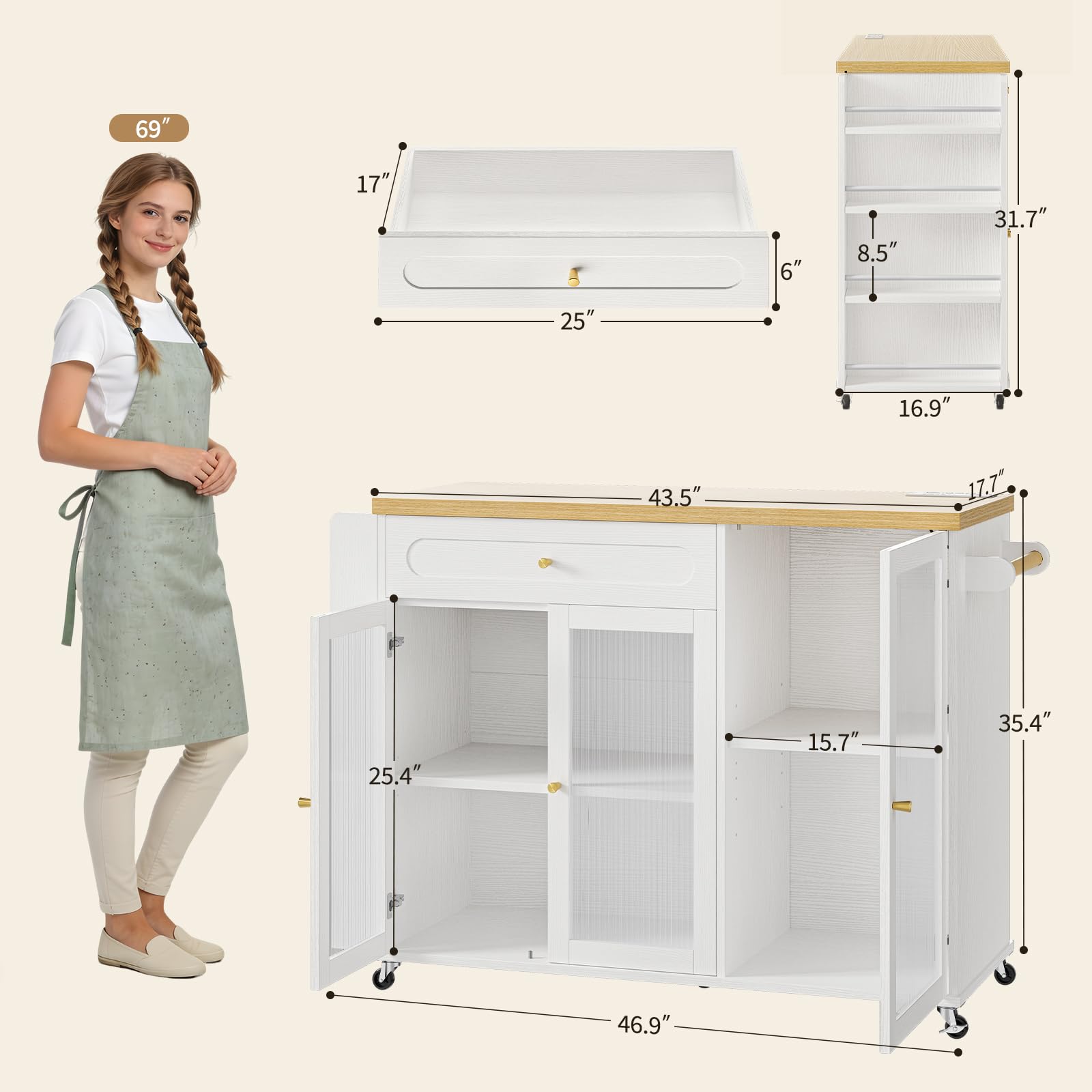 Curlaky Kitchen Island with Power Outlet - Kitchen Cart on Wheels with Storage Cabinets & Drawers, Rolling Island Table with Spice & Towel Rack, Portable Islands with Large Wood Counter, Dinning Room