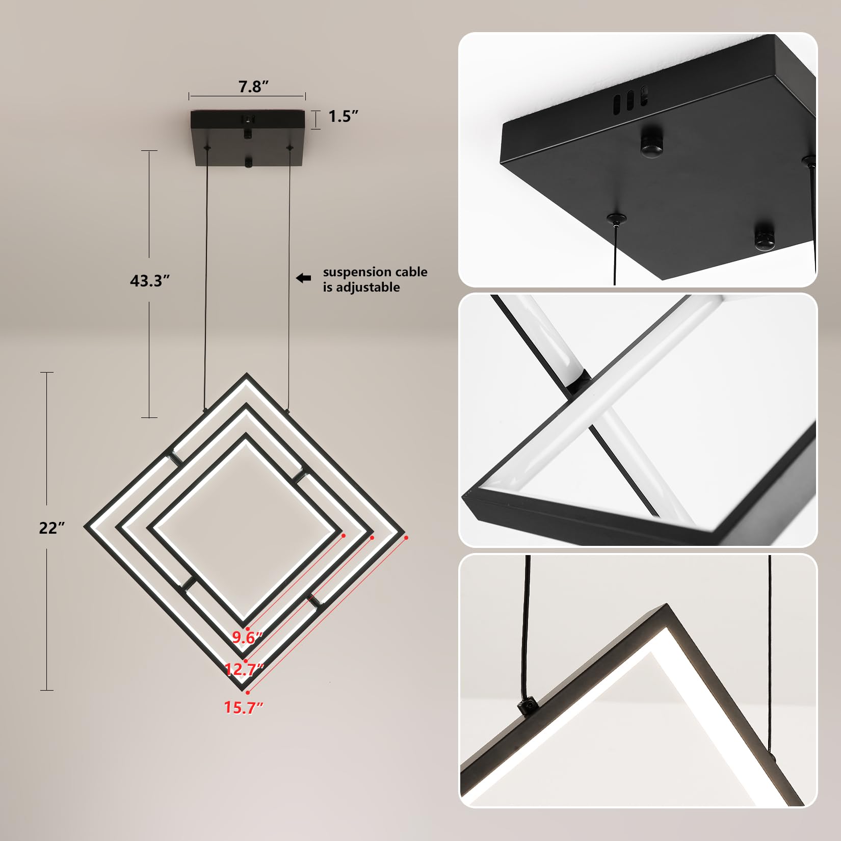 Fang Yan Mei Modern LED Black Square Chandelier Geometric Chandeliers LED Dimmable Hanging Pendant Light Contemporary Creative DIY Height Adjustable Lighting for Entryway Dining Room 3000-6000k
