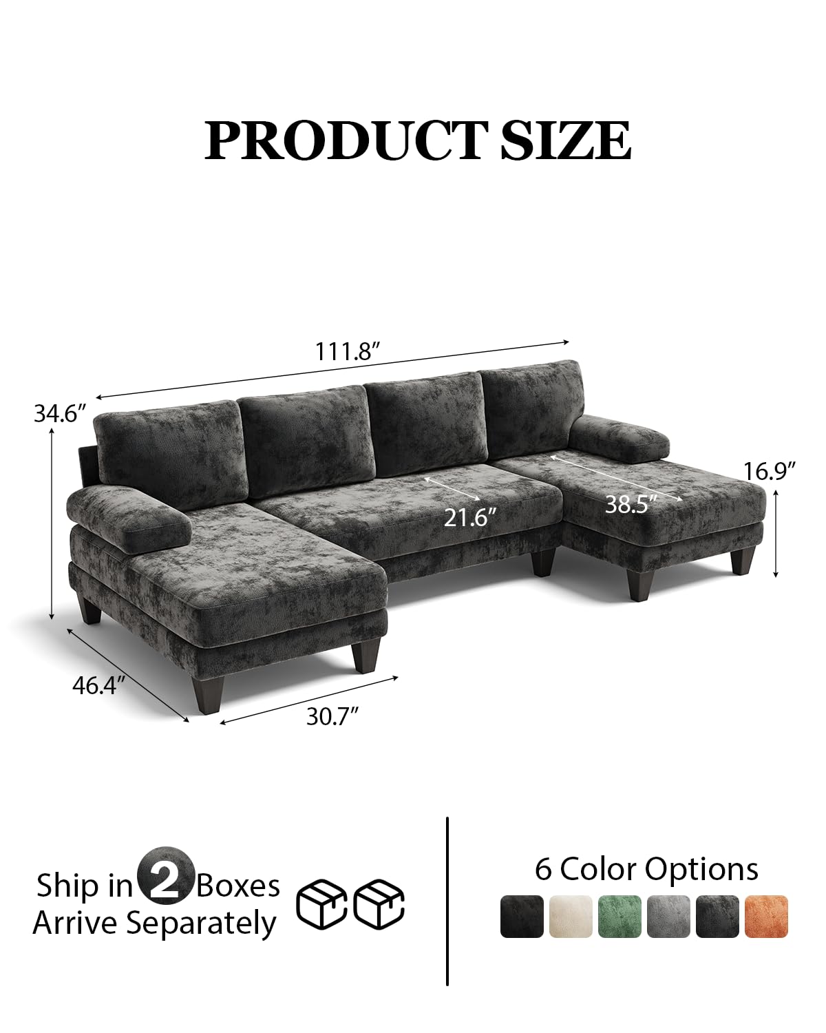 TROMIRY U-Shaped Sectional Couches for Living Room | Chenille Sofa with Double Chaise | 112 Inch Dark Grey Sectionals Couch for Apartment