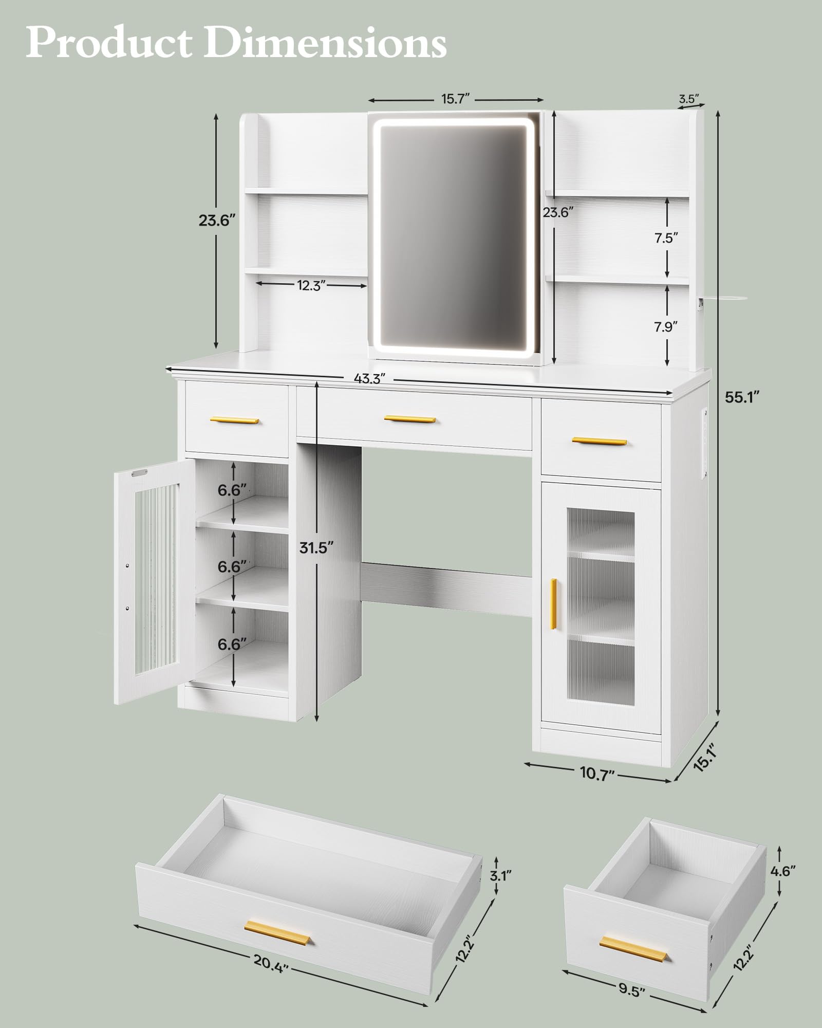 Memobarco Vanity Desk with Mirror and Lights, 43.5" Makeup Vanity with 3 Adjustable Lighting Modes, Large Vanity Desk with Sliding Mirror with 4 Drawers & 2 Cabinets, Power Outlets, White
