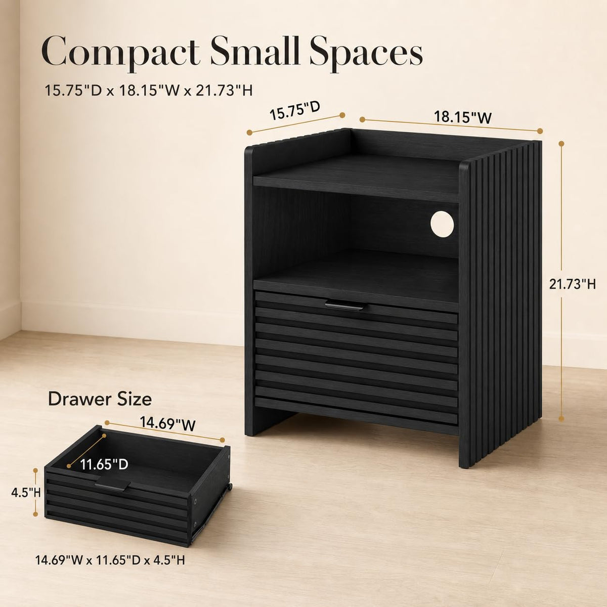 Black Fluted Nightstand with Drawer