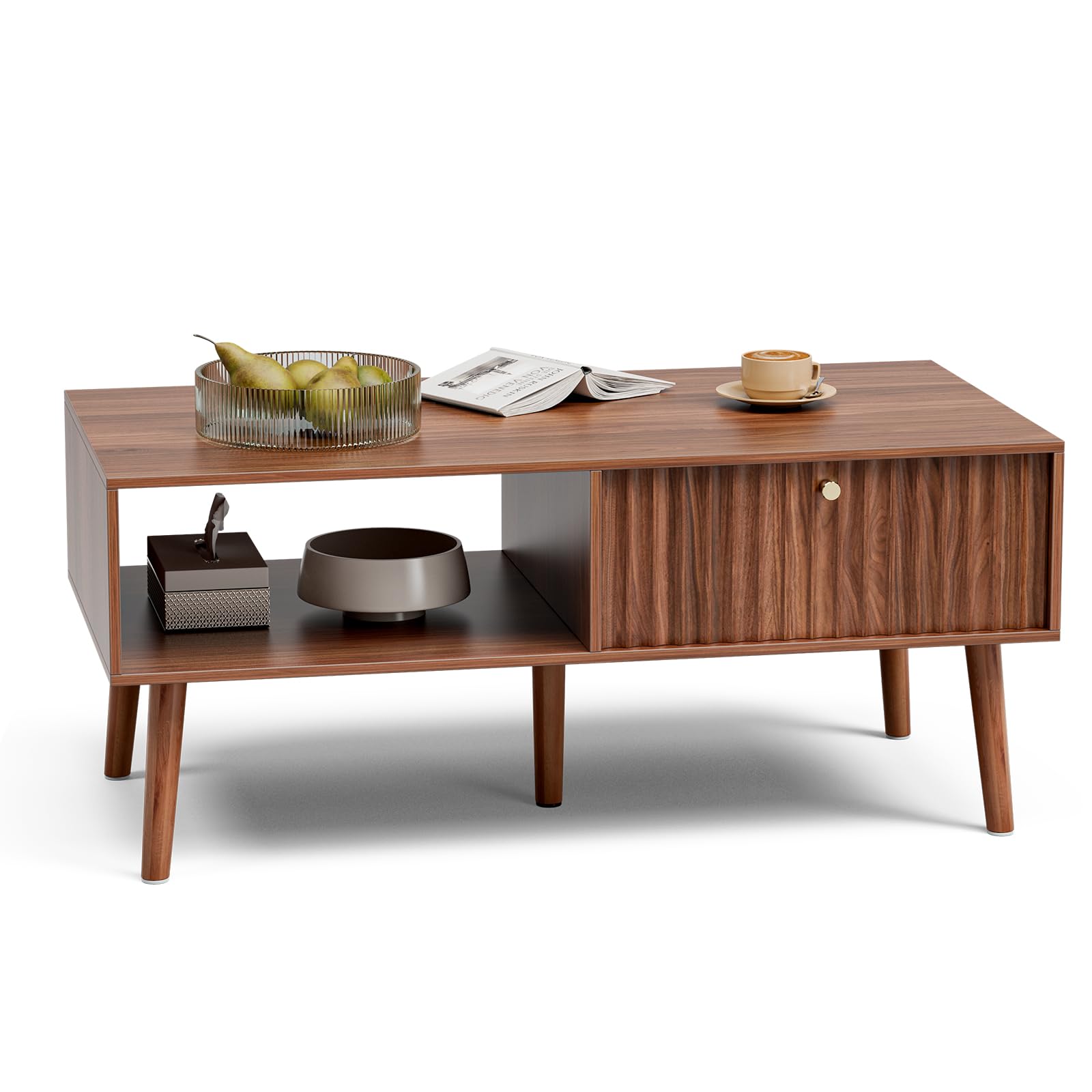 LCRBOL Coffee Table with Storage, Mid Century Dining Table with Fluted Drawer and Solid Wood Legs, Small Coffee Tables for Living Room, Walnut