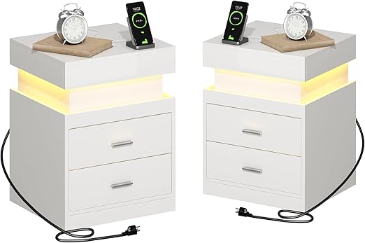 LED Nightstand with Charging Station & 2 Drawers