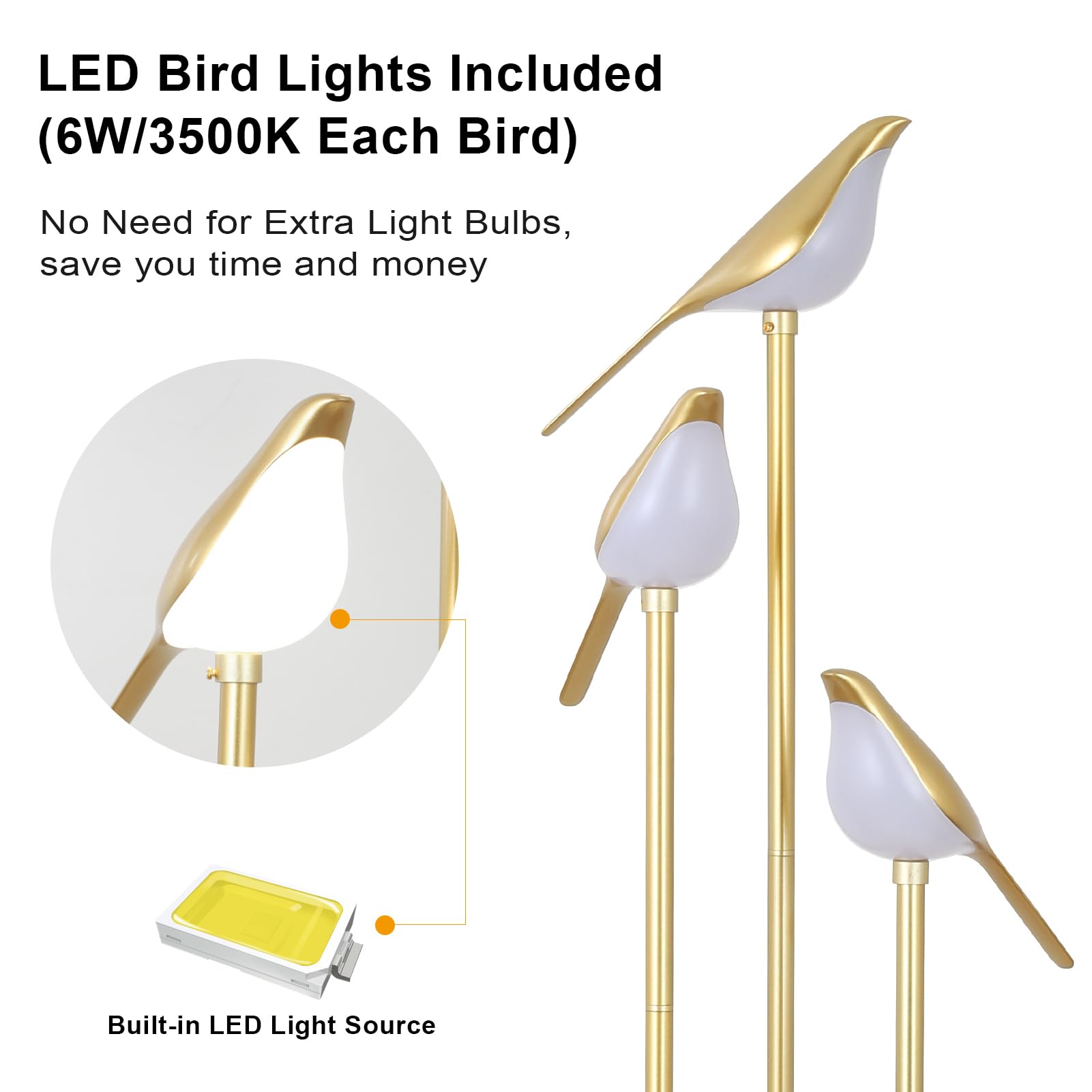 Gold Floor Lamps for Living Room, Modern Floor Lamp with Shelves, Mid Century Standing Lamp with 3 Adjustable LED Bird Lights, Corner Tall Lamp with Table, Brass Stand up Lamp for Bedroom Kids Room