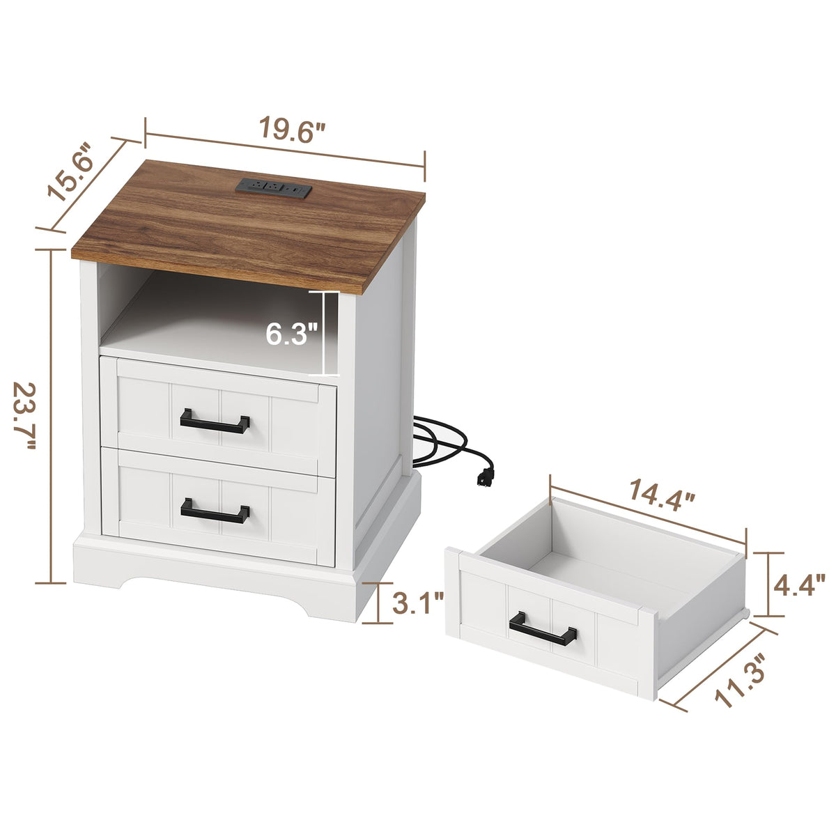 ChooChoo Farmhouse Night Stands with Charging Station Set of 2, 2 Drawers