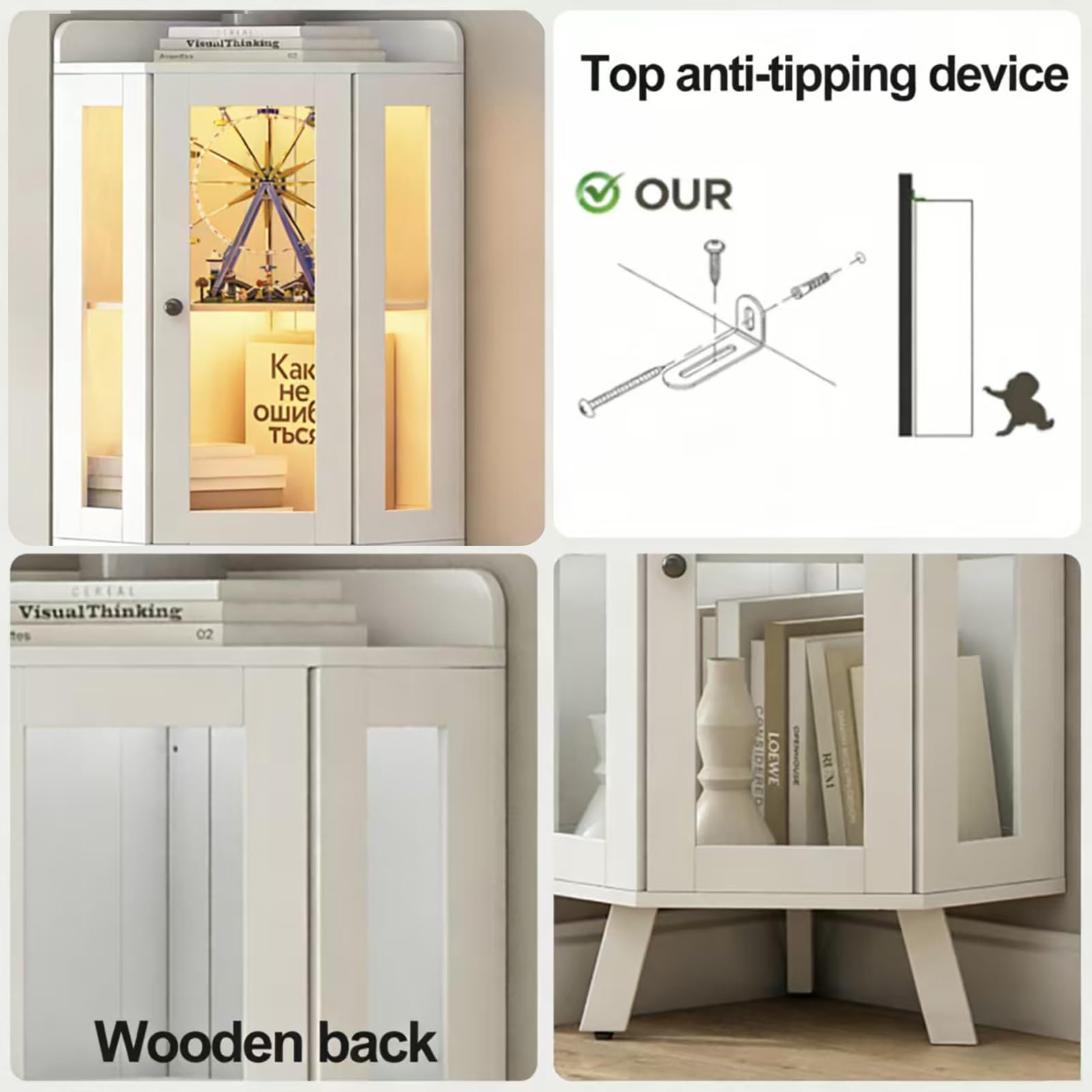 Corner Display Cabinet with Glass Doors, 4-Tier, 60"H