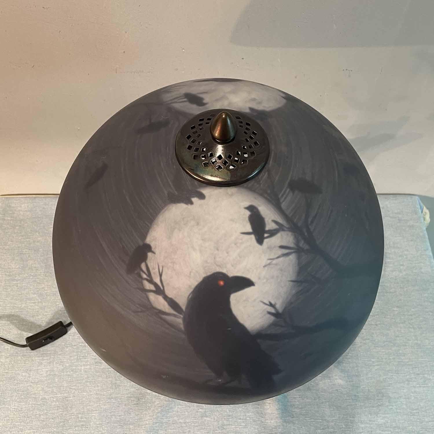 Bieye L10945 Ravens Sitting on Bare Tree Branch Against Full Moon Hand-Painted Glass Table Lamp with Raven Nest Lamp Base for Halloween Home Decor