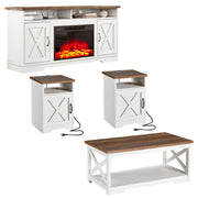 5-Piece Farmhouse Living Room Table Set with Electric Fireplace