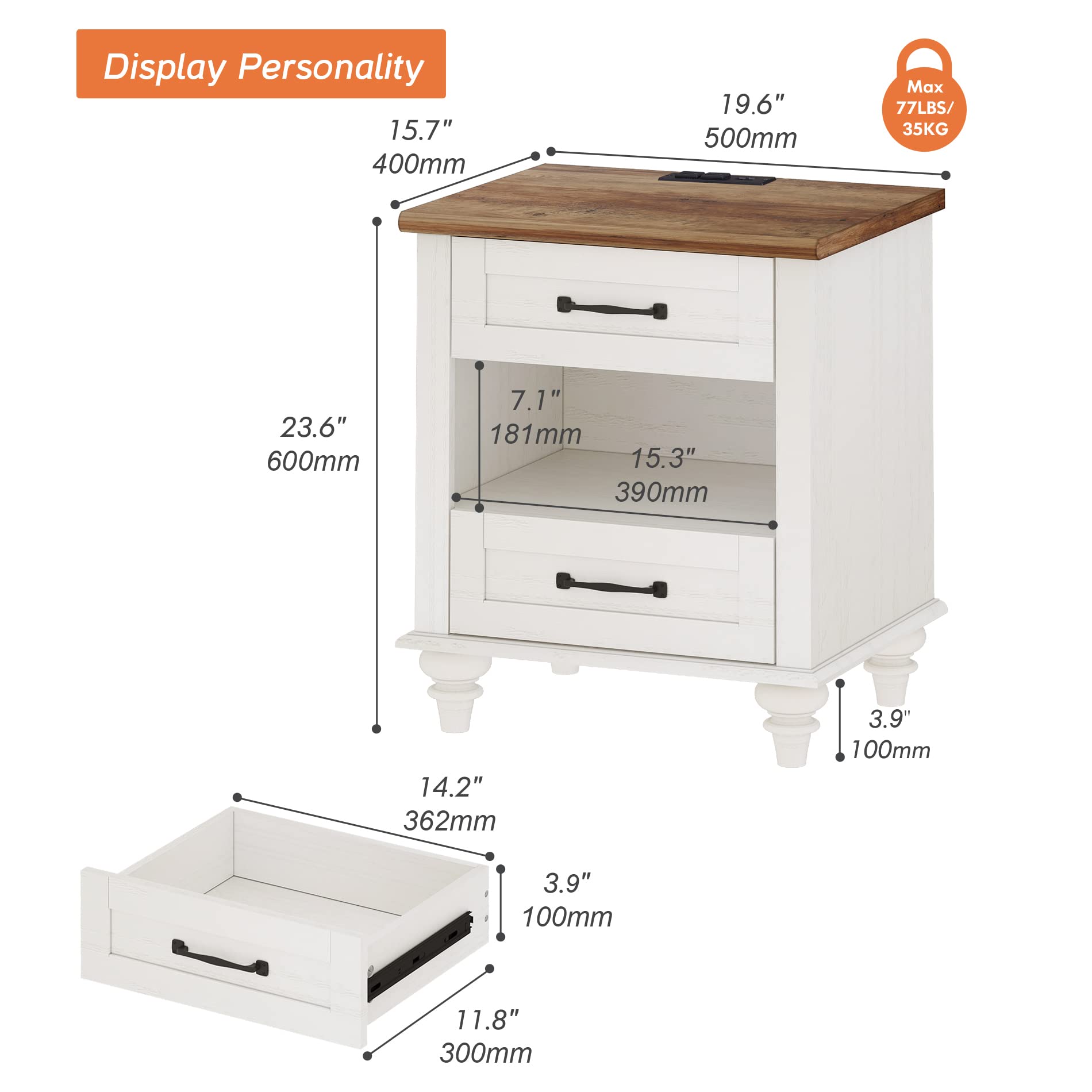 WAMPAT Set of 2 Nightstands with Charging Station Side Table with Two Drawers & Open Shelf, Mid-Century Modern Bedside Tables End Table with Solid Wood Legs, White Night Stand for Bedroom, Living Room