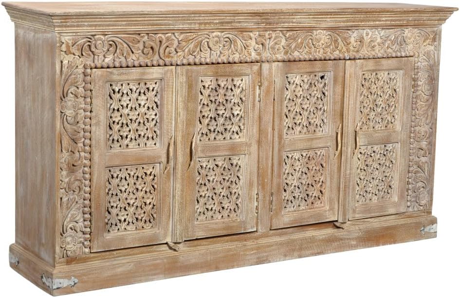 HomeRoots 488629 76 in. Light Brown Solid Wood Sideboard with Four Doors