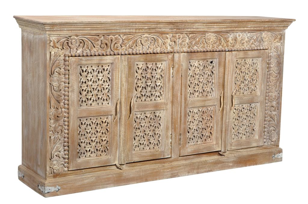 HomeRoots 488629 76 in. Light Brown Solid Wood Sideboard with Four Doors