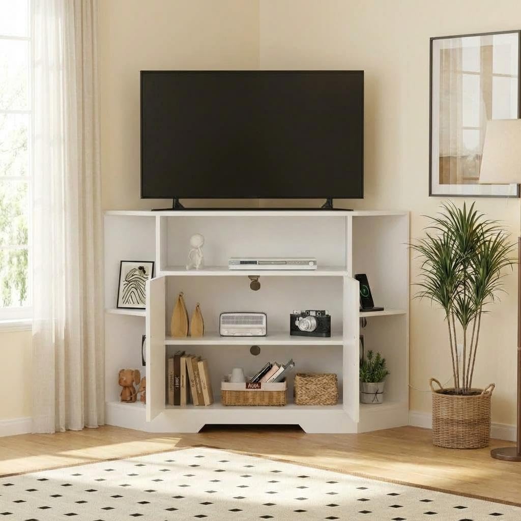 Garvee Corner TV Stand for TVs Up to 55 Inch with Power Outlet & Barn Doors