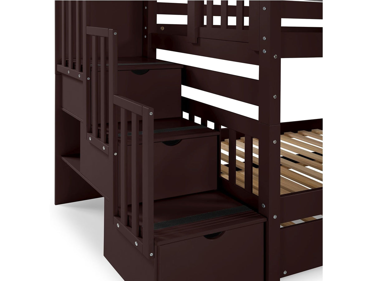 Bedz King Stairway Bunk Beds Twin Over Twin, 3 Step Drawers, 2 Storage Drawers, Dark Cherry