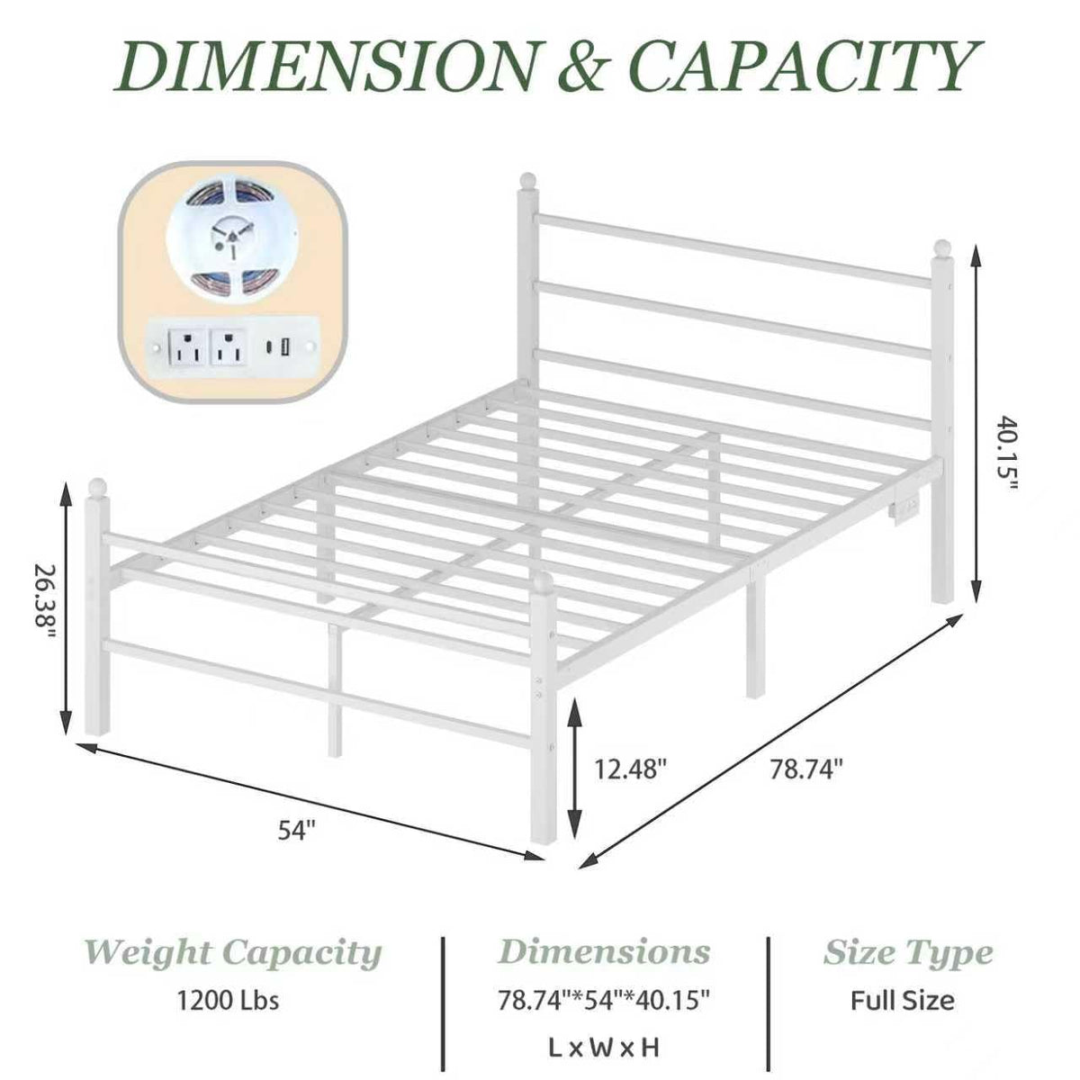 Jenmit Full Size Bed Frame with Charging Station & LED Lights,Full Metal Platform Bed Frame with Headboard and Footboard, Storage Space Under Bed,No Box Spring Needed,Noise Free, Easy Assembly, White