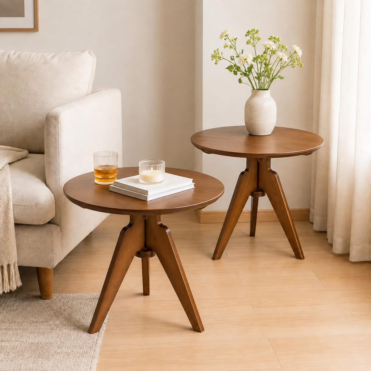 Maydear Bamboo Small Round Side Table Set of 2, Accent End Tables or Coffee Tables for Living Room, Bedroom, Office, Easy Assembly, 3-Leg Design