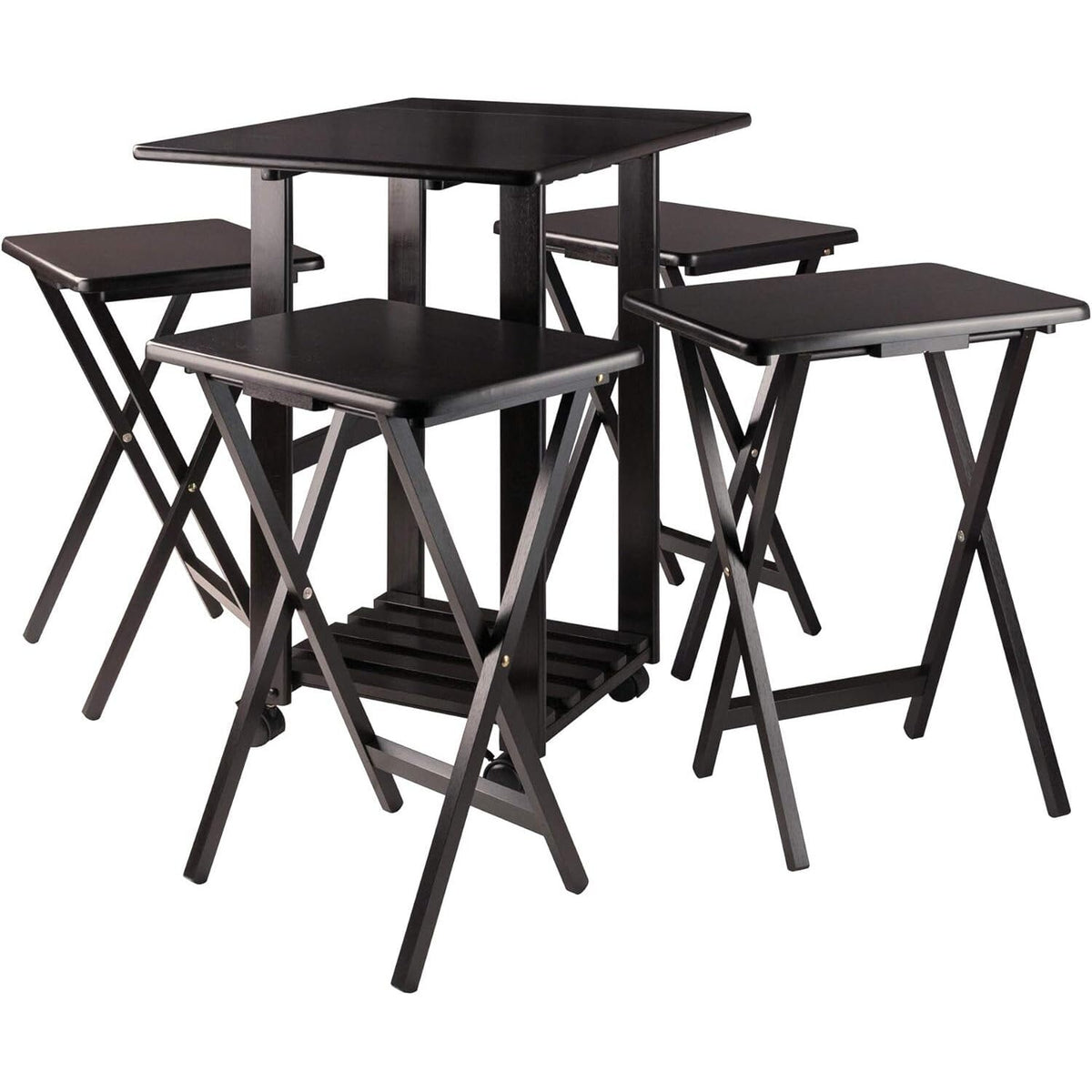 HomeStock 5-Piece Snack Table Set with Double Drop-Leaf Storage Table, 4 Folding Snack Tables, Grooved Slots, Solid Wood Design, and Rolling Casters Coffee