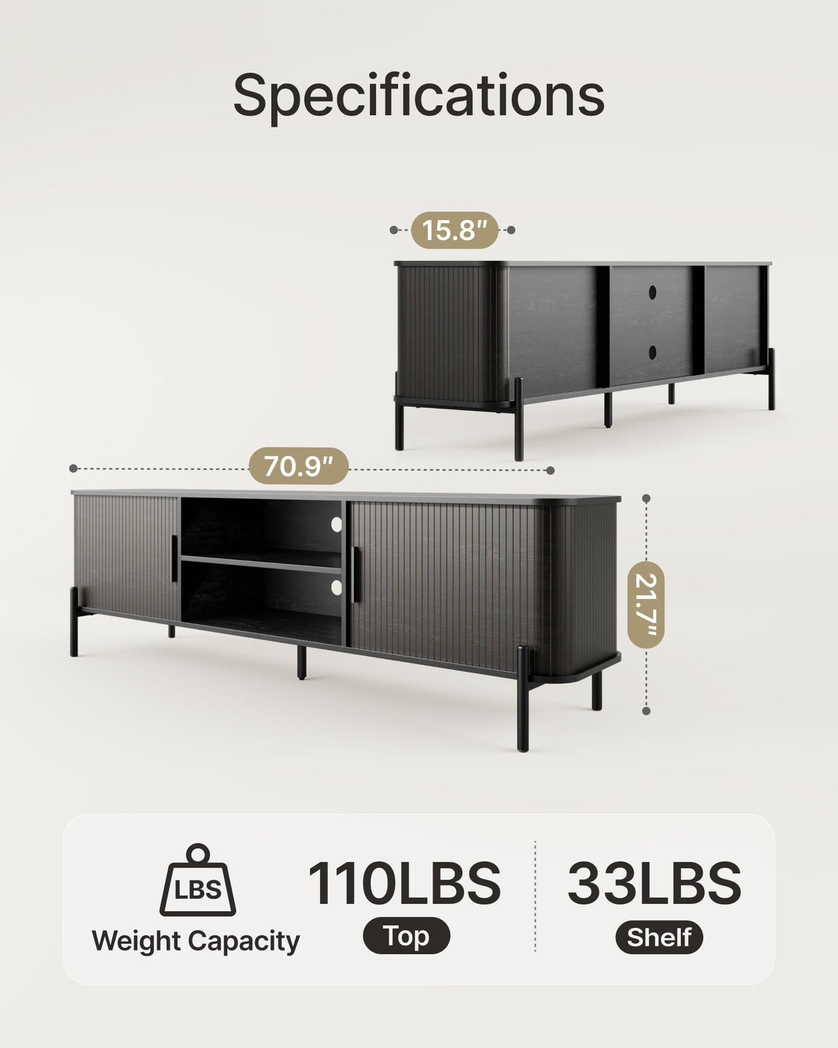 SUNCOZE 70" Mid-Century Fluted TV Stand with Storage up to 80 Inch, Black