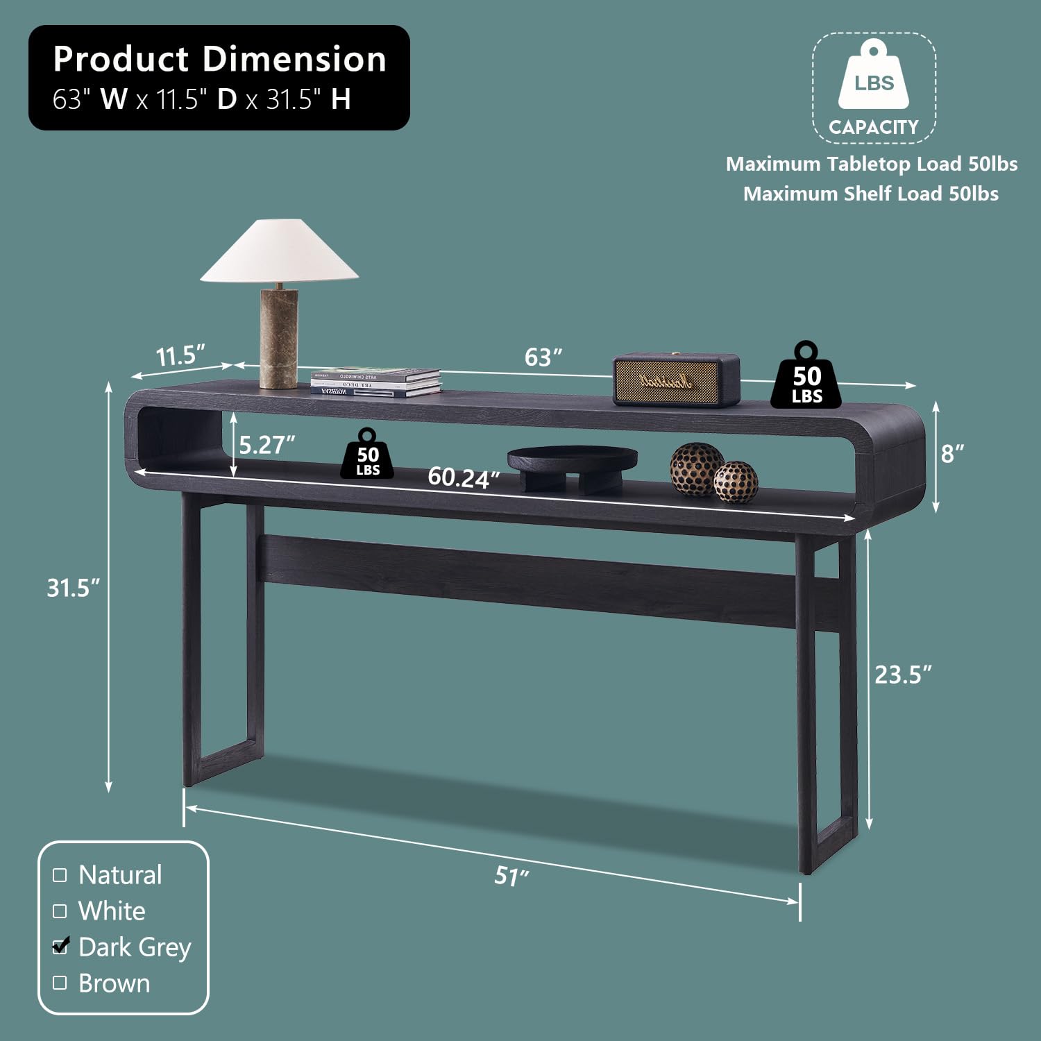 IFGET 63-Inch Long Console Table, 31.5" Tall Modern Entryway Table with Open Storage Shelf, Curved Profile Design, Narrow Wood Sofa Table Behind Couch Table for Living Room, Hallway, Foyer, Dark Grey