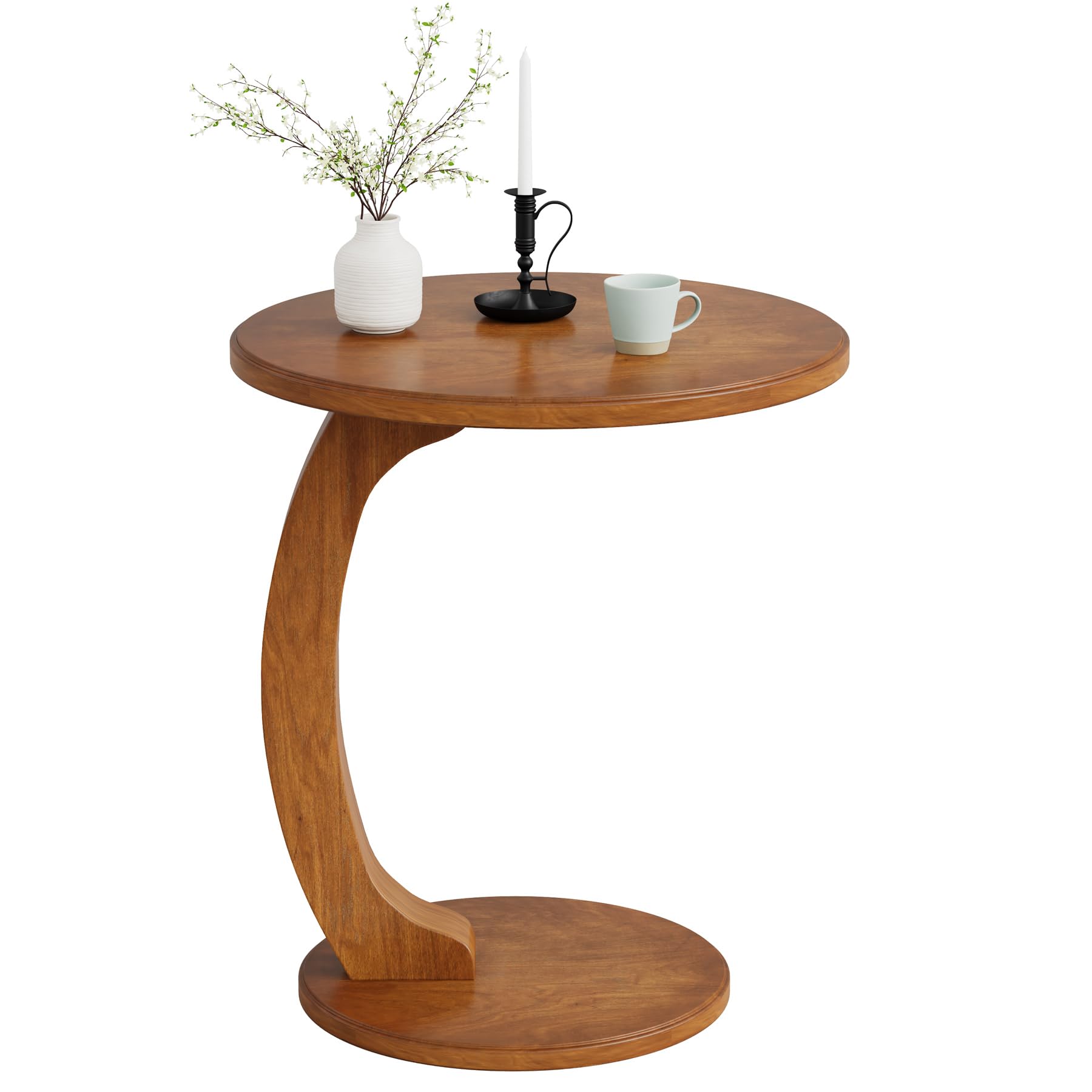 Tribesigns Small Round End Table for Living Room, C-Shaped Sofa Side Table for Couch, Retro Boho Bedside Nightstand, Brown