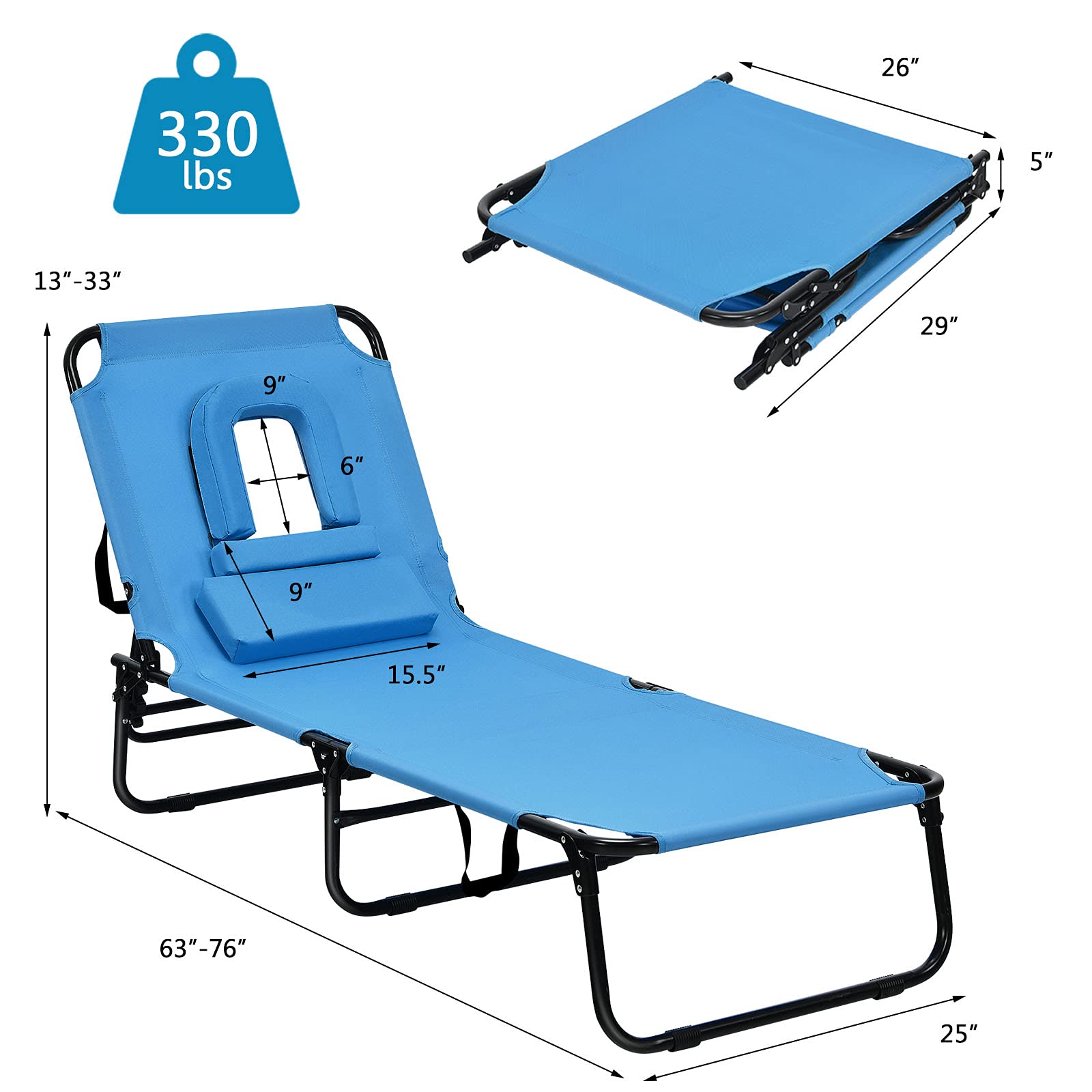 Folding Beach Lounge Chair with 5-Position Adjustable Backrest & Padded Pillows