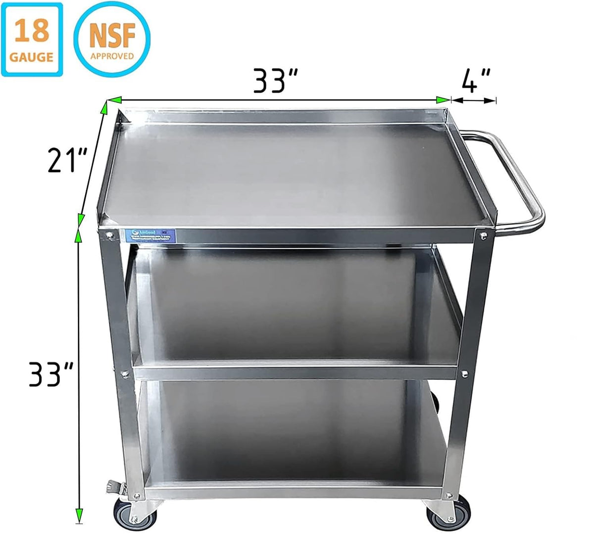 Express KitchQuip 33" x 21" Stainless Utility Cart, 3-Shelf, Casters, NSF