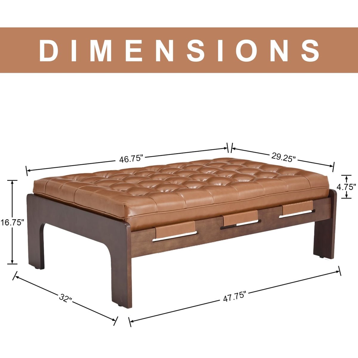 chairus 47.75" Large Rectangle Ottoman Coffee Table, Tufted Faux Leather Upholstered Living Room Coffee Table with Solid Wood Frame, Oversized Mid-Century Modern Footrest Ottoman, Brown PU