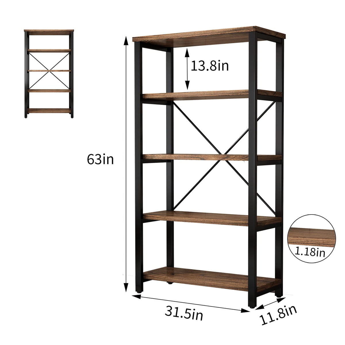 5-Tier Solid Wood Bookshelf