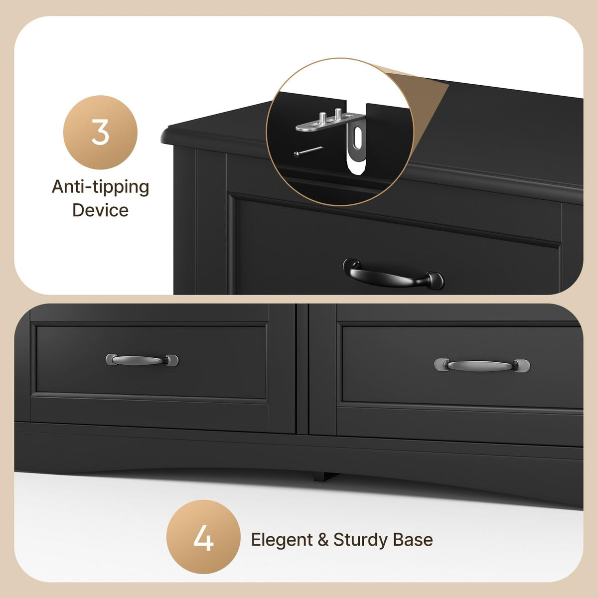 Gizoon 47" 6 Drawer Dresser, Black Wide Chest of Drawers for Bedroom
