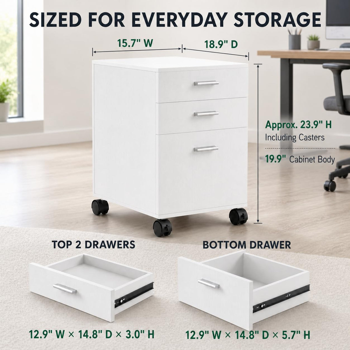 3 Drawer White Preassembled Wooden Under Desk Mobile Printer Stand