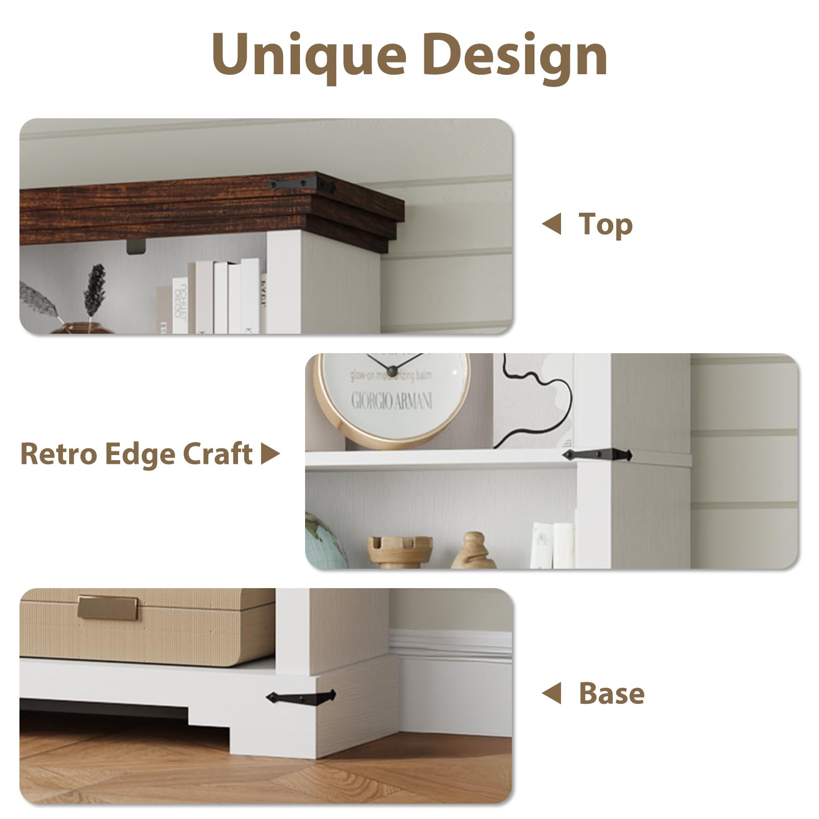 HOTLUU 5-Tier Farmhouse Bookshelf, 61.1 inch Tall Bookcase with Storage & Unique Design & One Adjustable Shelf, Wooden Bookshelf for Study Room, Living Room, Home Office, Bedroom (White)