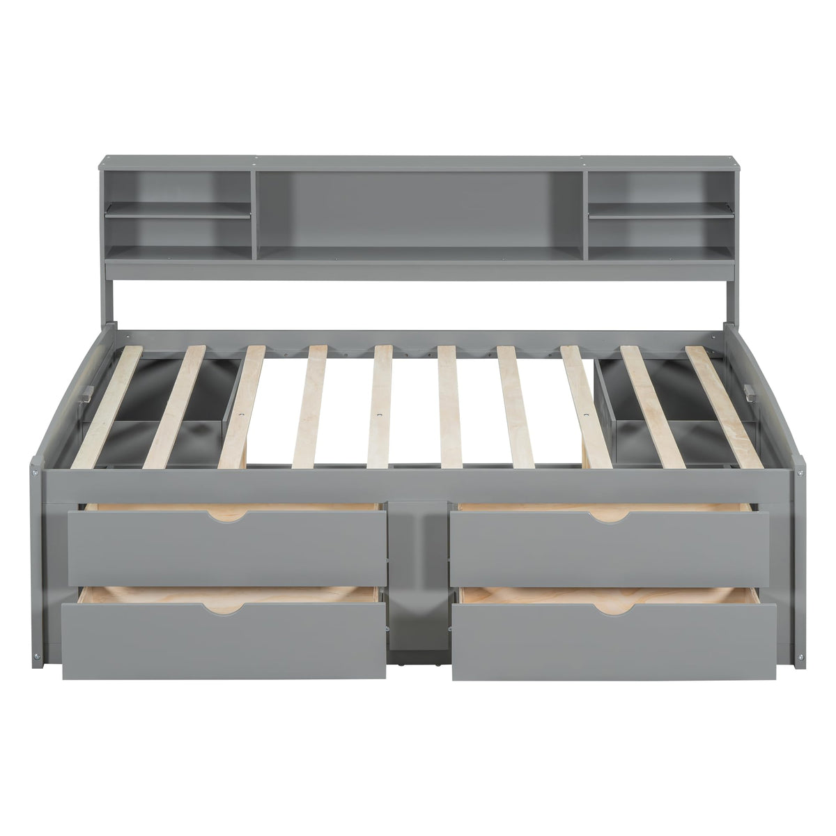 SOFTSEA Full Captains Bed with Drawers & Shelves, Wood Storage Daybed, Grey