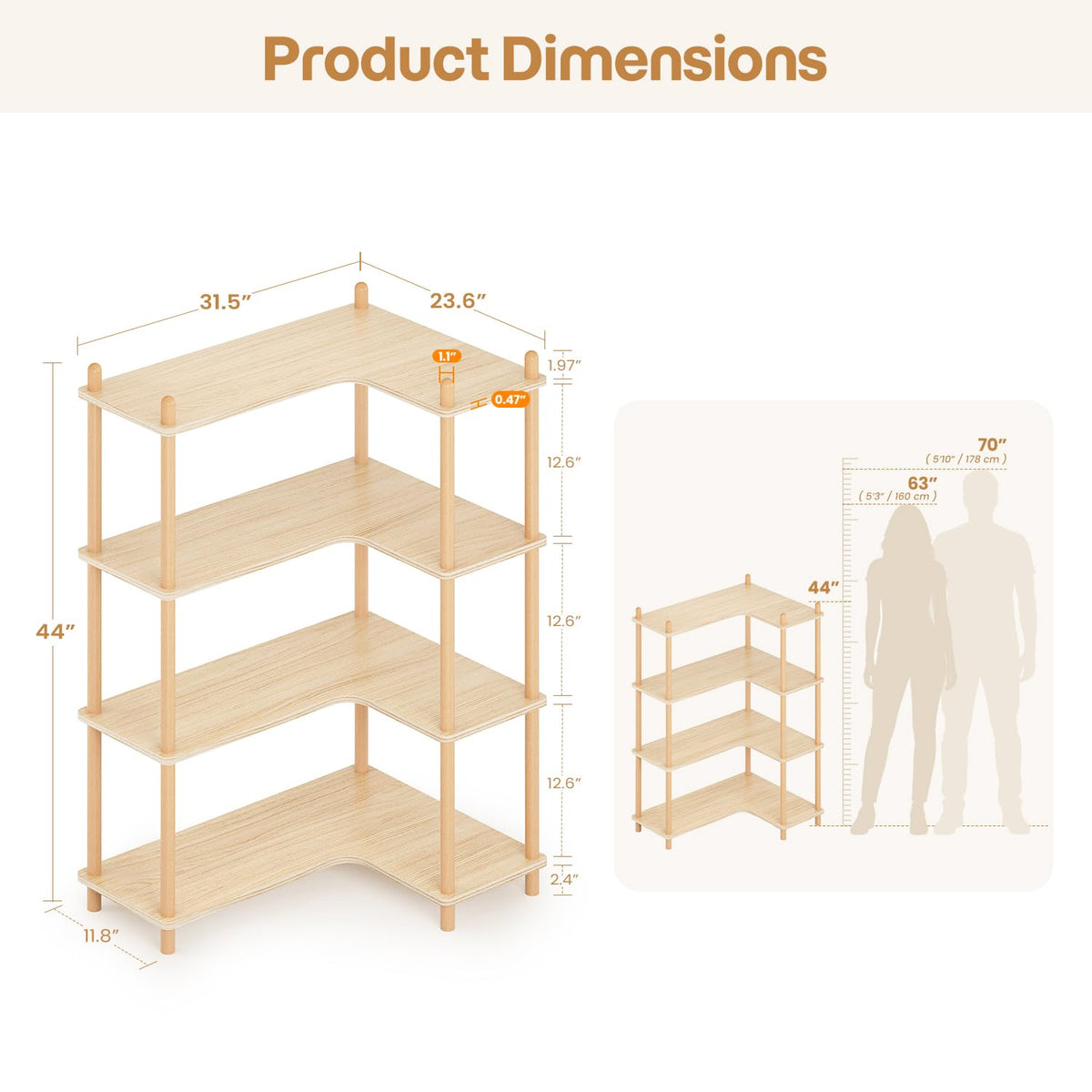 LUSHF L-Shaped Open Corner Bookshelf - 4-Tier Freestanding Bookcase, Oak