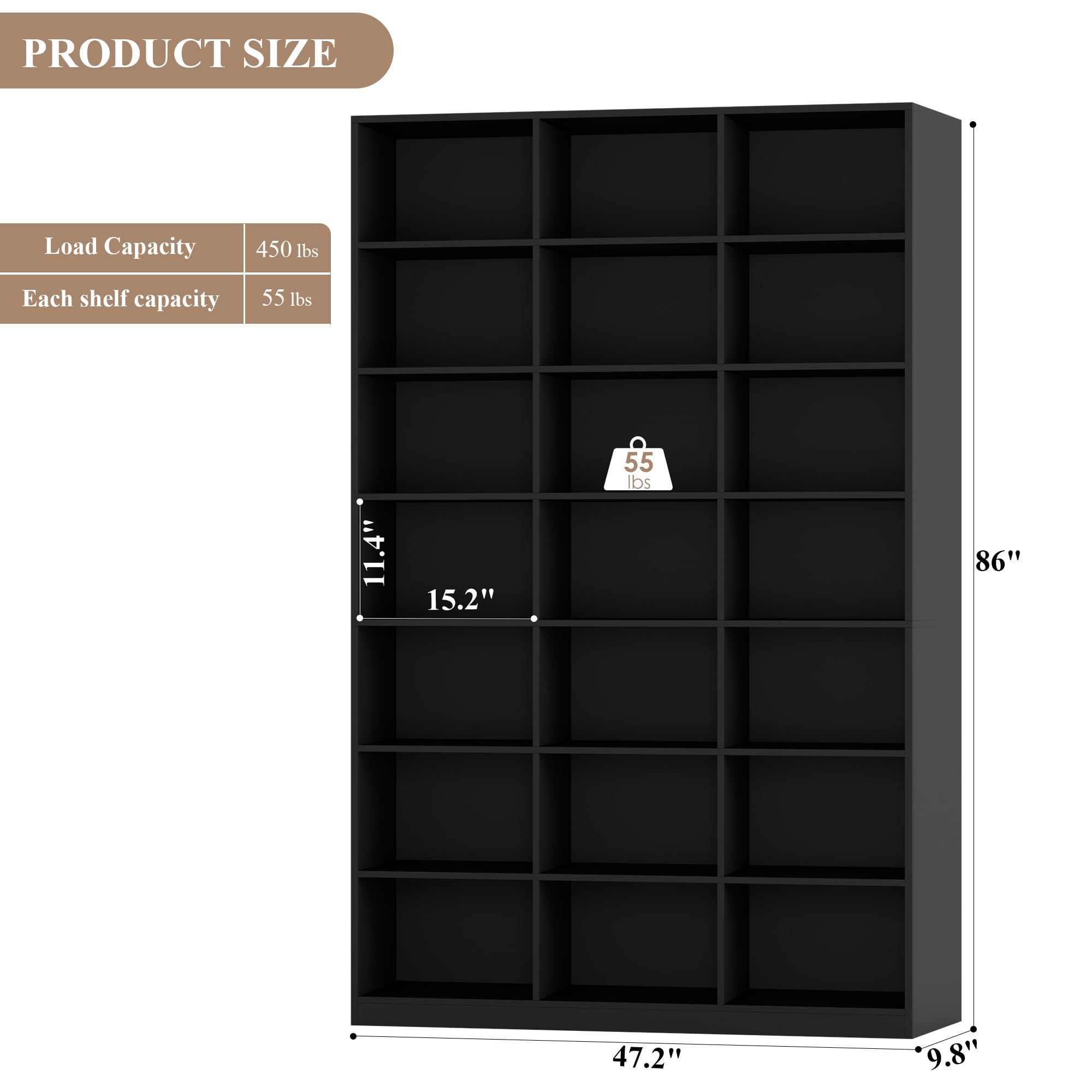 HOSTACK 86" H Triple Wide Bookshelf and Bookcase, 7 Tier Tall Bookshelf with Storage, Large Bookcase with 21 Open Display Storage Shelves, Wood Book Shelf Media CD DVD Storage for Living Room, Black