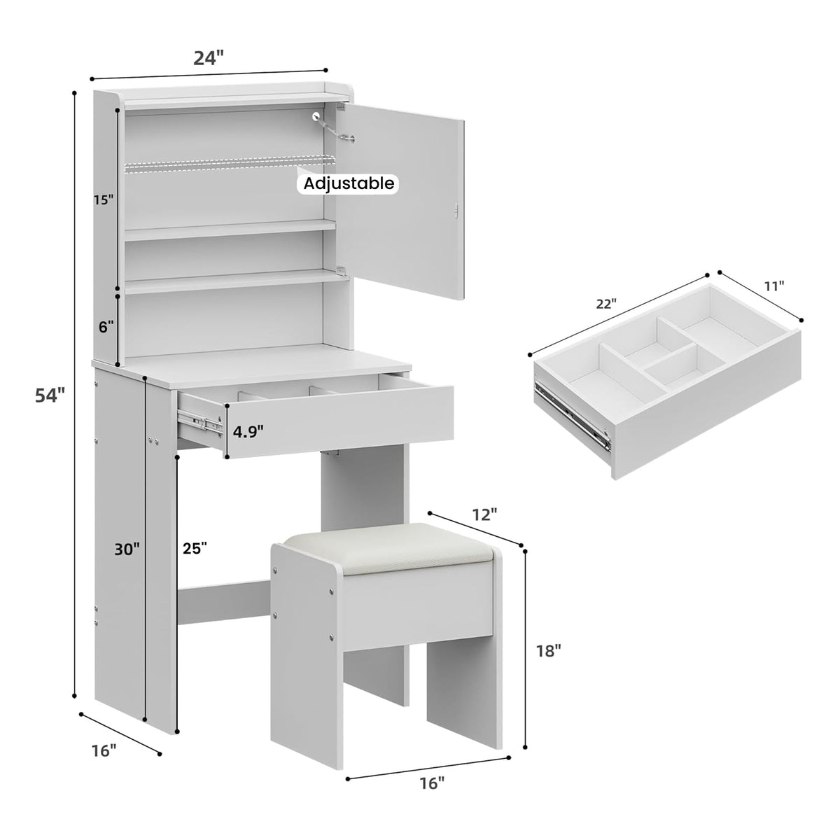 RIHHA Small Vanity Desk with Lighted Mirror & Charging Station, 24" White Makeup Vanity Table Set with Top Shelf & Hidden Storage, Compact Mini Dressing Desk with Stool for Bedroom, Girls, Teens