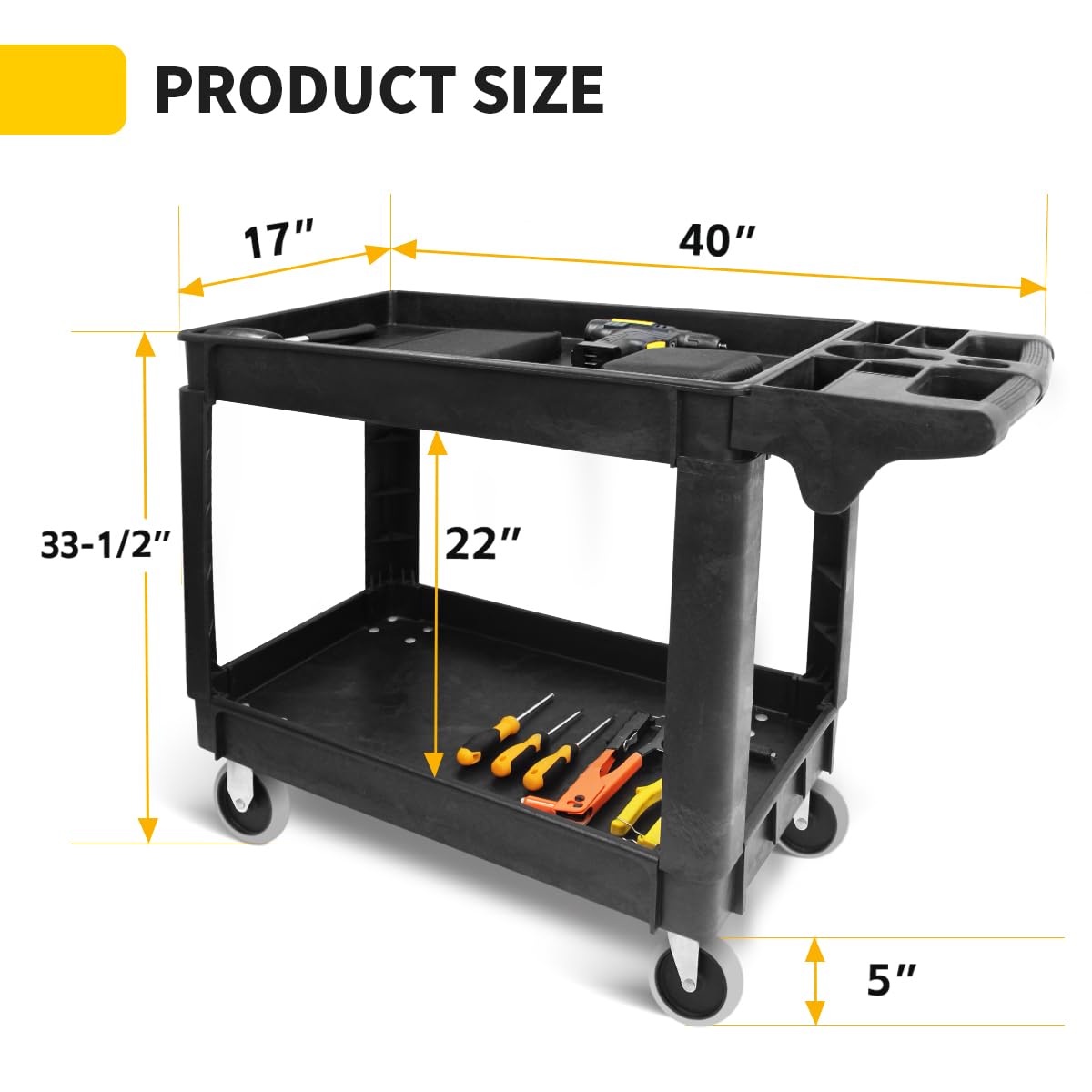 MaxWorks Heavy Duty 2‑Shelf Service Cart 500 lb Capacity Polypropylene Utility Cart with 5" Non‑Marring Casters Deep Trays and Built‑In Tool Storage for Garage Warehouse Workshop (80855)