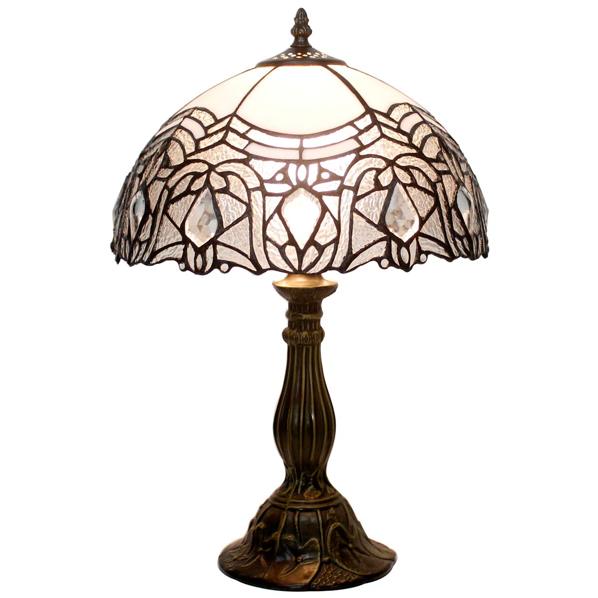 WERFACTORY Tiffany Lamp White Bent Stained Glass Bedside Table Lamp Desk Reading Light 12X12X18 Inches Decor Bedroom Living Room Home Office S508W Series