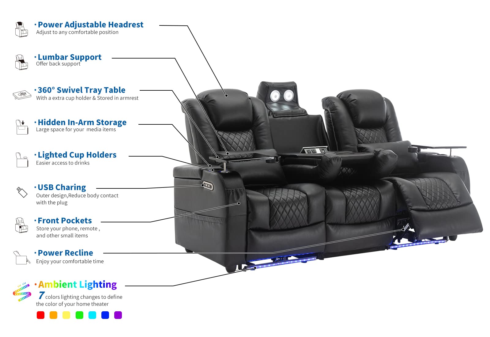 Home Theater Power Recliner Seating with LED Lighting