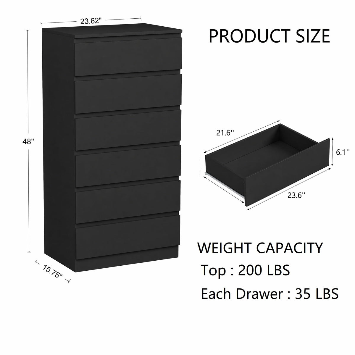 Black 6-Drawer Handleless Dresser