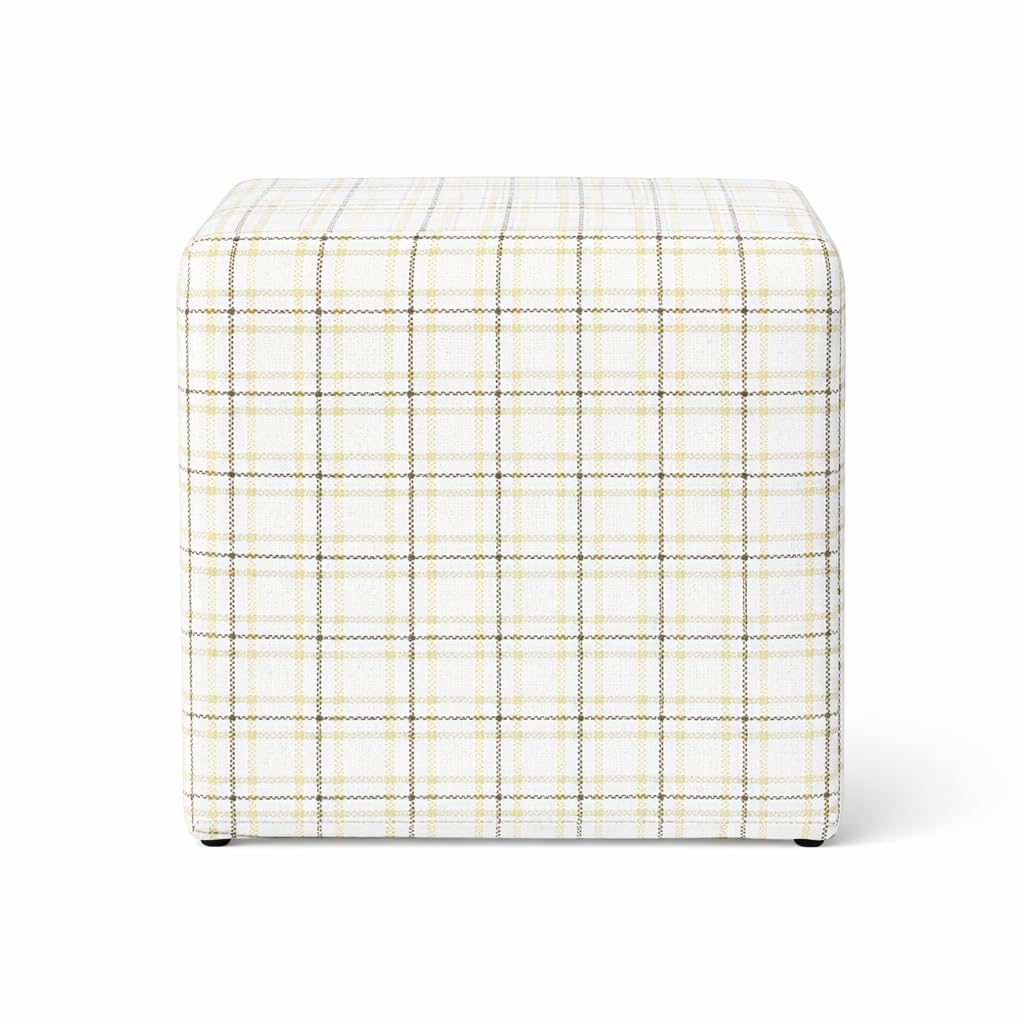HomePop 19” Square Upholstered Ottoman with Solid & Engineered Wood Frame, Modern Cube Accent Stool for Living Room, Bedroom or Entryway - Natural Plaid Woven Fabric