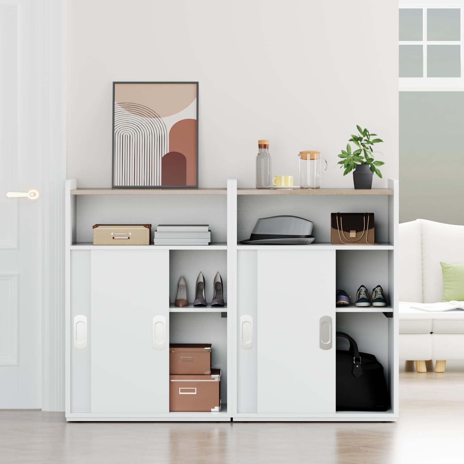 PROXRACER 22" Slim Floor Cabinet with Sliding Doors & Adjustable Shelves, Shallow Storage Cabinet for Bathroom, Living Room, Kitchen & Small Spaces, White