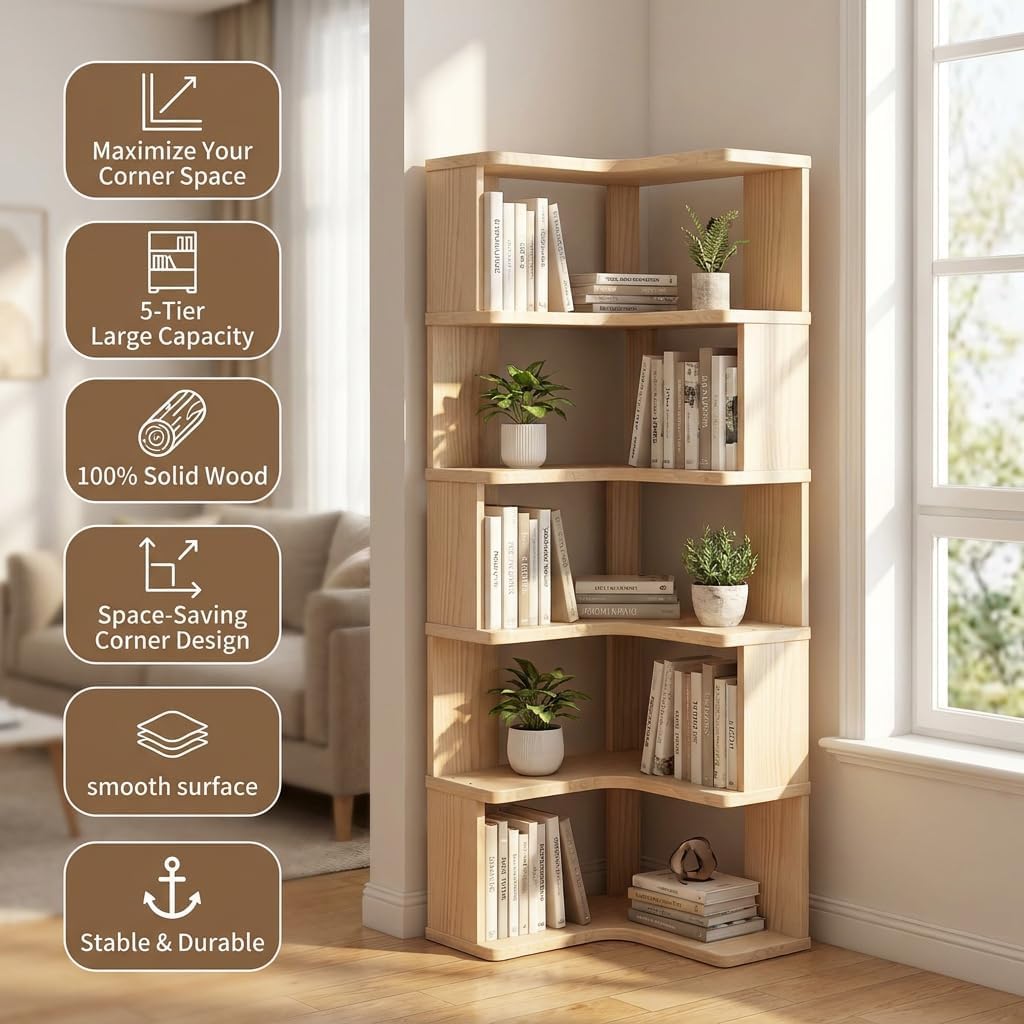 5-Tier Pine Corner Bookshelf