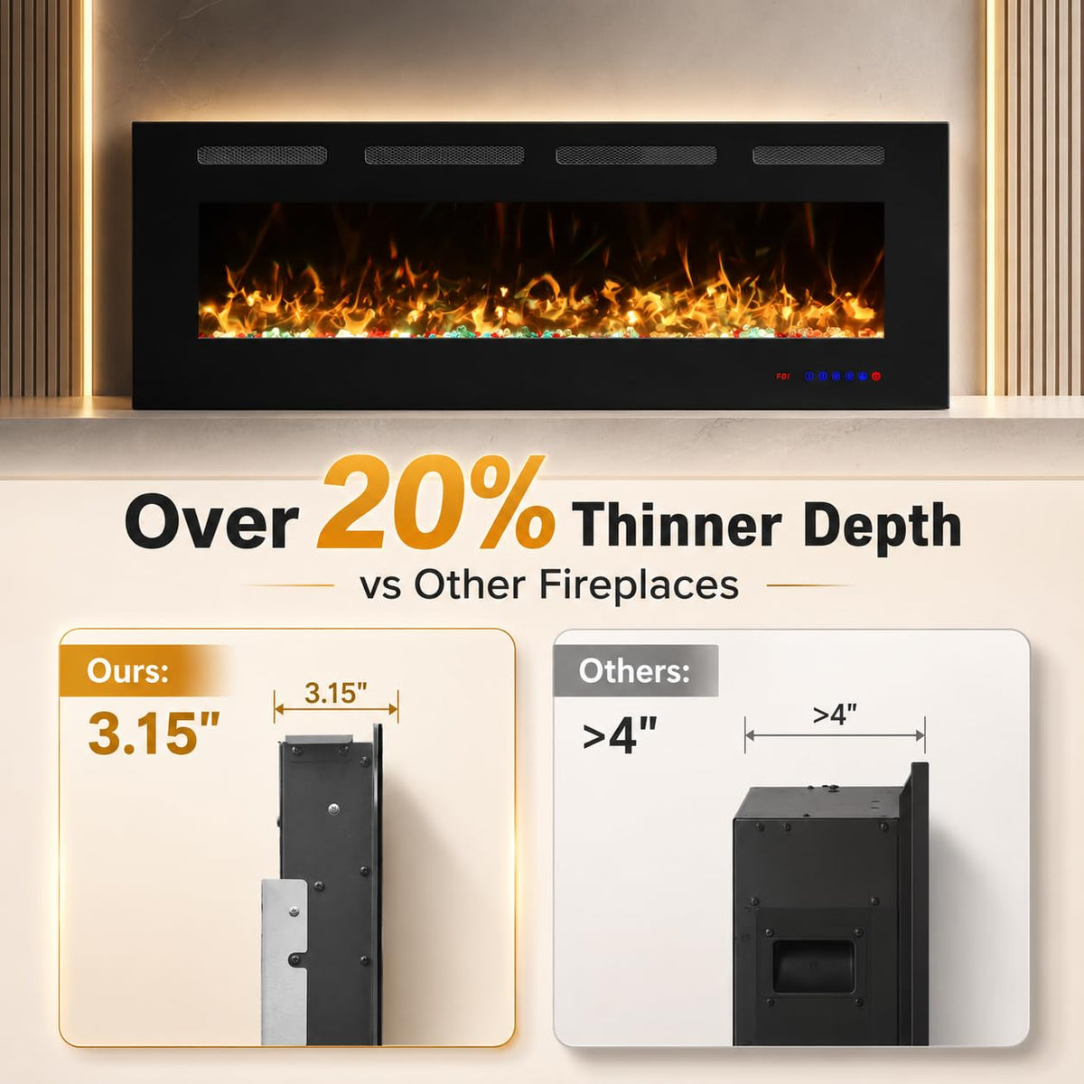 Vinemount 72" Electric Fireplace Insert Ultra-Thin, Recessed & Wall Mounted, Fireplace Heater with Adjustable Flame & Fuel Bed Color, 5 Flame Speeds & Brightness, 750/1500W, Timer