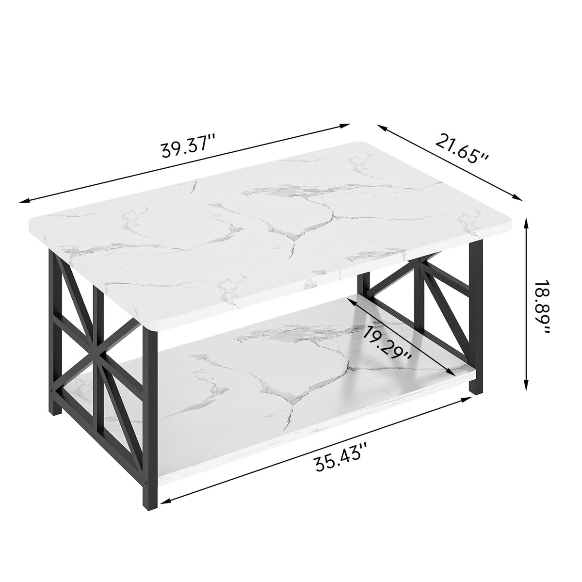 AWQM Faux Marble Coffee Table for Living Room with Round Corners,2 Tier Living Room Table with Storage Shelf,Rectangular Coffee Table Center Table for Small Spaces,White