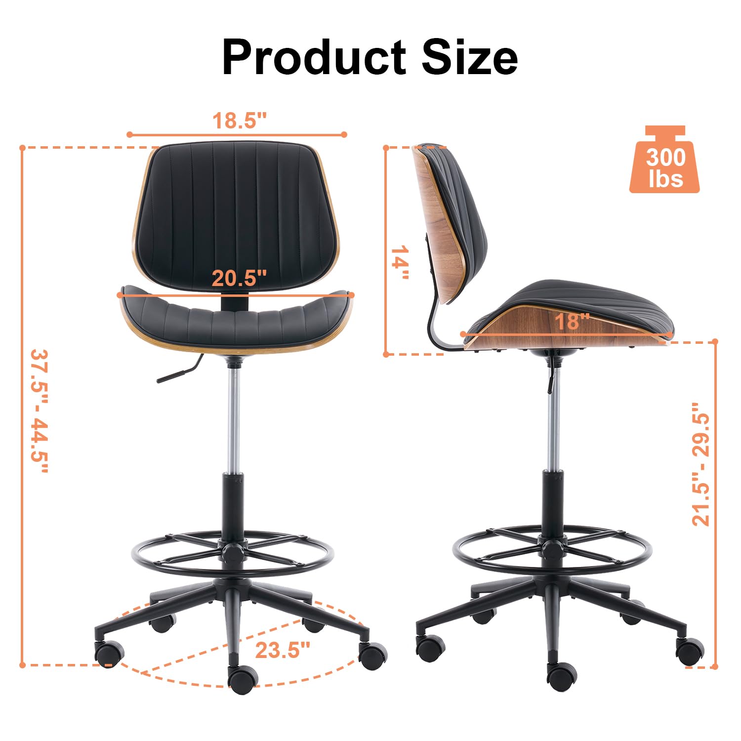 Ergonomic Drafting Chair with Walnut Wood Back
